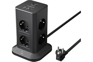 ‎TESSAN TESSAN Wieżowa listwa zasilająca z 8 gniazdami, przeciwprzepięciowe, 2 portami USB A i 1 USB C gniazdo wtykowe, listwa sieciowa z wyłącznikiem i przedłużacz 2 metry, 3600W, czarny