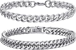 TempBeau 2Pcs Bracelets Hommes Acier Inoxydable : Chaîne Gourmette Homme 19-21cm Argent Noir Rappeur Hip Hop Chaîne Cubaine Mode Cadeaux Pour Femmes Fils Papa Le mari