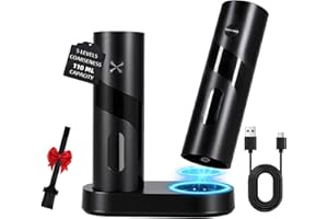 BILLYBATH Juego Eléctrico de Molinillo Pimienta y Sal con Estación de Carga, Capacidad de 110 ml, Molinillo Sal y Pimienta Recargable con 5 Niveles de Ajuste, Molinillo Cerámico con Cepillo