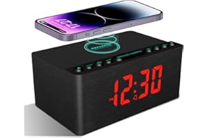 Radio Réveil Numérique en Bois avec Radio FM,Station de Charge sans fil Rapide Pour iPhone/Samsung Galaxy,écran LED à Intensité Variable,Port de Charge USB,Alarm Clock avec Snooze,Alimentation Secteur