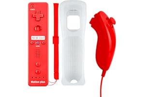 QUMOX Mando a Distancia Wii Nunchuck con Motion Plus Compatible con la Consola Wii y Wii U | Mando a Distancia de Wii con función de Choque Rojo