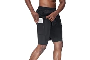 HMIYA män 2 i 1 shorts fitness sportbyxor korta joggingbyxor snabbtorkande löpbyxor med kompressionsshorts och fickor blixtlå