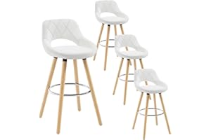 WOLTU Tabouret Bar, Lot de 4, Chaise Haute Bar, Tabouret Haut avec Dossier et Repose-Pieds, Cadre en Bois, Siège en Similicuir, Blanc, BH111ws-4