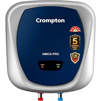 Crompton Amica Pro 15L | Free Installation | 5‑Star Storage Water Heater (Geyser) | Glassline Tank for Hard Water | 8 Bar High‑Rise Pressure | 5‑Level