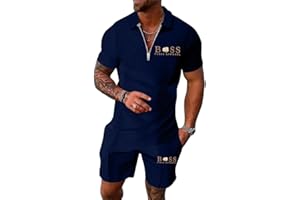 Tinarying Men's Tracksuit Polo Shirt & Shorts 2 Pieces Boss Flexx Apparel Men's 2-Piece Activewear Short Sleeve Polo Shirt and Shorts Set Casual Sportswear Zip-Up Top with Pocketed Pants