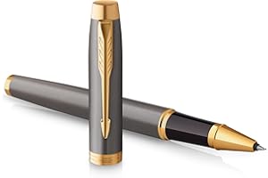 PARKER Bolígrafo roller IM | lacado gris con adornos dorados | punta fina de acero inoxidable | estuche de regalo