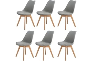 H.J WeDoo Set di 6 sedie Tower in Quercia Massiccio, Pranzo Sedia con Cuscino Ecopelle - Grigio