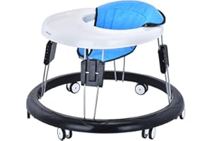 YEALEO Adjustable Baby Walkers for Baby with Easy Clean Tray, Universal Wheeled Walker, Anti-Rollover Folding Walker for Girls&Boys 6-18 Months Toddler (Basic, Flax Blue)