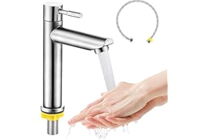 XCRPRT Robinet d'eau froide en acier inoxydable - Robinet de lavabo - Mitigeur monocommande avec tuyau de raccordement de 60 cm - Pour invités, WC, salle de bain, cuisine