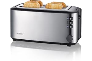 SEVERIN Grille-pain automatique 1 400 W, Toaster compact 2 fentes jusqu'à 4 tranches, Grille-pain électrique avec réglage du degré de brunissage & fonction décongélation, inox/noir, AT 2509