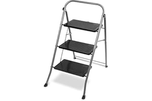 TIENDA EURASIA - Taburete Plegable | Escalera Plegable | Estructura de Metal | Color Plata y Negro | Peso máximo 150 kg | Escalones Antideslizantes | Escaleras Plegables Aluminio (3 Peldaños)