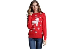 PASKYEE Damski sweter z brzydkim reniferem, uroczy dziewczęcy sweter noworoczny okrągły dekolt dzianinowy świąteczny sweter