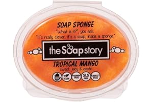 The Soap Story Ręcznie wykonana gąbka do mydła, wegańska gąbka do mydła wykonana z gliceryny roślinnej, gąbka złuszczająca do kąpieli i pod prysznic, odpowiednia dla mężczyzn i kobiet, w 100% bez okrucieństwa, 50+ zastosowań! 150 g - tropikalne mango