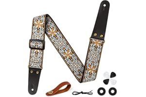Aucuu Gitarrengurt, 2" Vintage bestickte Baumwolle Gitarrengurt, Verstellbarer Gitarrenband, Gitarrengurt Echtleder Enden für Bass Elektro Akustik, mit Gurtknopf 2 Gurtschlössern 4 Gitarrenplektren