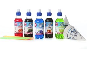 SNOWYCONES Snow Cone Syrup "Sugar Free" Flavours (x5) x250ml. not Slush, 25 Free Cones & Straw (ST,G,BR,CO,AP)