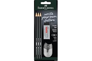 Faber-Castell 111183 - zestaw ołówków Exam, z trzema ołówkami 1111 stopień twardości HB, z temperówką i gumką, czarny