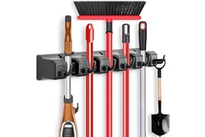 ibell Broom Holder Wall Mounted, Mop Holder Wall Hanger with 5 Position 6 Hooks, Multipurpose Utility Tool Storage Organizer for Kitchen, Bathroom, Garden Garage