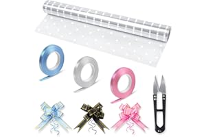 HTHL Clear White Dot Cellophane Wrap for Hampers,Gift Wrapping Roll with 30 Pull Bows,3 Ribbon Rolls,Scissors for Florist Bouquet Easter Valentine&Birthday Basket Gifts Boxes(30M x 40CM)