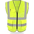HYCOPROT Hi Vis Viz High Visibility Reflective Safety Vest Waistcoats Jacket Workwear Executive Zip 2 Band Security Mobile Phone Pocket ID Holder