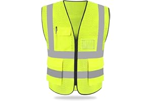 HYCOPROT Chaleco de Seguridad Reflectante Alta Visibilidad Ropa de Trabajo Gerente Ejecutivo Chaqueta de Chaleco Cremallera Brace Seguridad Teléfono Móvil Titular de Id de Bolsillo