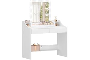 Hzuaneri 90cm Tocador con Iluminación LED, Brillo Ajustable, Mesa de Maquillaje con Espejo, Tocador con 2 Cajones y 2 Compartimentos Abiertos, Moderno, Blanco DT40703X
