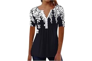 YOLOKE 2023 Summer Short Sleeve Tops for Women UK Trendy Casual Floral Graphic Shirts Tunic Blouses Plus Size Crew Neck Boho Henley Tees