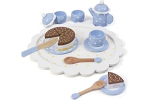 WOODENFUN Ensemble à thé en bois, jeux pour enfants, accessoires de cuisine, jouet alimentaire, ensemble de thé pour enfants, gâteau, tasse à thé au chocolat, ensemble d'accessoires en bois, bleu