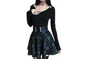 Emma damska spódnica plisowana w kratkę, z nadrukiem w kratkę, wysoki ściągacz, strecz, mini deskorolka, podwójna koronka, plisowana spódnica w stylu uczennicy (z pięknym łańcuszkiem w talii)