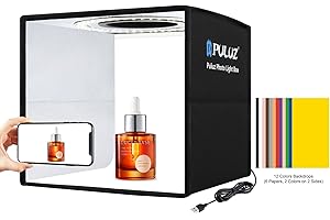 PULUZ Mini fotobox 25x25cm zum für produktfotografie Photo Box faltbar fotostudio lichtzelt, tragbar Foto Box klein CRI 97+ mit dimmbar 96 LED Beleuchtung & 12 Farbhintergründe