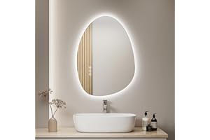 S'AFIELINA Miroir de Salle de Bain avec Éclairage 75 x 55 cm Miroir Rond Asymétrique avec Interrupteur Tactile, Dimmable, 3 Couleurs de Lumière Réglables, Antibuée Miroir de Salle de Bain