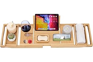 AUNEK Extendable Bath Tray, Luxury Wooden Bamboo Bathtub Shelf with Built-in Holders for Books, Tablets, Phones, Glasses & Candles, Adjustable Caddy Bridge Fits Most Bathtubs