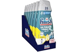Finish Quantum + Igiene, Detersivo Lavastoviglie Raccomandato da Napisan, Gel Lavastoviglie al Limone, 182 Lavaggi, 7 confezioni da 26 Lavaggi di Liquido Lavastoviglie