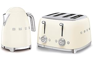 Smeg 50’s Style Retro Range Breakfast Set, 1.7L 3000W Kettle and Multi-Functional Control 4-Slice 2000W Toaster, Cream, KLF03CRUK/ TSF03CRUK