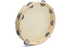ROCKSTAR MUSIC ROCKSTAR - Pandereta de Mano en Madera Color Natural TH1008T con Parche 8 Sonajas, (10") 25cm, Pandereta Jingle. Instrumento de Percusion