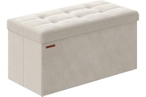 SONGMICS Puff Almacenaje, Baúl de Almacenaje Plegable, 38 x 76 x 38 cm, Taburete Reposapiés, Banco de Cubo, Soporta hasta 300 kg, para Sala de Estar, Dormitorio, Entrada, Blanco Crema LSF247W01