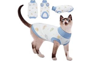Hjyokuso Cat Jumper, Soft Cotton Sleeveless Cat Onesie, Breathable High Neck Vest for Daily Wear and Anti-Shedding, Anti-Licking, Travel, Air-Conditioned Room Protection (Blue Print M)