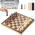 Chess Board Magnetic Wooden Chess Set 2 In 1 Folding Travel Chess Game Portable Checkers Board Set 2 Extra Queens Chessboard Traditional Game with Handmade Chess Pieces & Storage Slots for Kids Adults