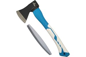 THORQUE Set de Hacha Leña Profesional 600 gr y Piedra para Afilar - Hacha Pequeña para rajar Leña y pequeños Troncos, Equilibrada, Mango PVC Ergonómico con Buen Acabado (Hacha + Piedra afilar)