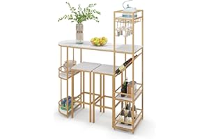GiantexUK 3 Piece Bar Table Set, Metal Frame Dining Table and Stools Set with Wine Racks, Glass Holders & Shelves, Breakfast Table and Stools Set for Home Kitchen Dining Living Room