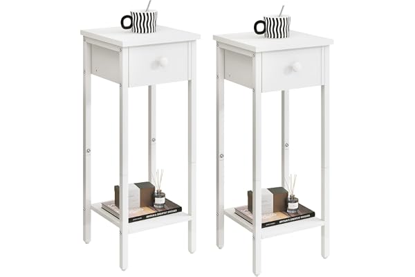 IBUYKE Set med 2 sängbord, smalt sidobord, vit TMJ417W-2 | Högt sängskåp med en låda, justerbara fötter, 25 x 25 x 71 cm, mod