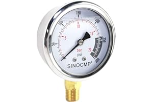 SINOCMP - Manometro idraulico 2Mpa/0-20Bar/0-300PSI Economico Multi Purpose Doppia Scala In Acciaio Inox Glicerina Riempito Gauge