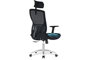 Durrafy Sedia Ufficio Ergonomica in Rete con Schienale Alto, Supporto Lombare, Poggiatesta e Braccioli Regolabili, Altezza Regolabile, Sedia Girevole con Funzione Oscillante 90°-130°, Nero