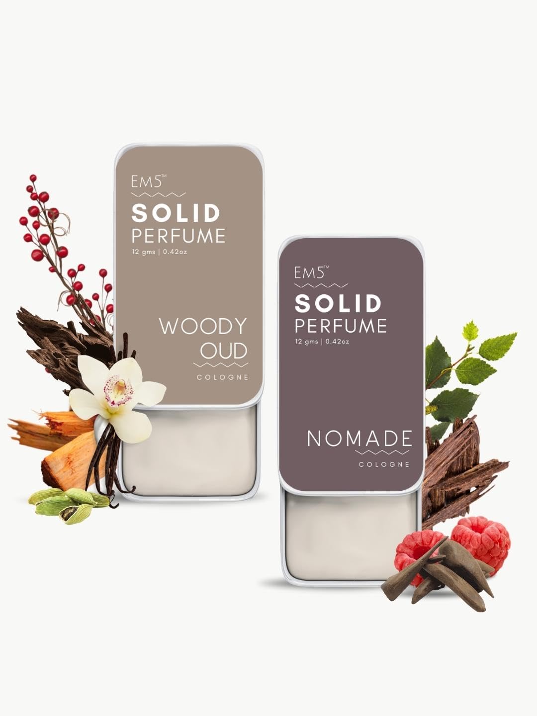 EM5™ Combo Pack of Alcohol Free Solid Perfumes | Woody Oud & Nomade for Men & Women | Non-Greasy Cologne | Strong & Lasting F