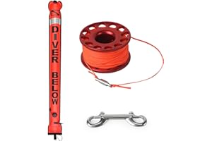 Luwint Surface Marker Buoy with Finger Reel Set, 5ft Hi-Visibility Open Bottom Signal Tube Safety Sausage with 98ft Al Alloy Spool Reel and Double-ended Snap Kit for Wreck Cave Tech Dive Snorkeling