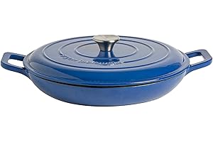 Argon Tableware 2.3L Shallow Cast Iron Casserole Dish with Self-Basting Lid - Midnight Blue - Induction Hob Cooking 2.43QT Dutch Oven Bread Baking Serving Roasting Stew Stock Pot Pan