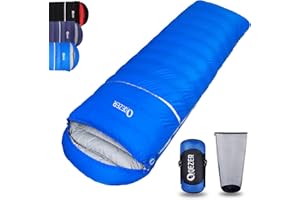 QEZER Sacco a pelo invernale,0 -24C°, sacco a pelo 4 stagioni leggero e caldo con piuma premium 600+FP per campeggio, escursionismo e trekking all'aperto