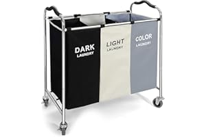 WARMIEHOMY Grand panier à linge 240 L, 3 compartiments sur roulettes, panier à linge avec sac à linge amovible et roues verrouillables, cadre en acier inoxydable pour la maison, l'hôtel