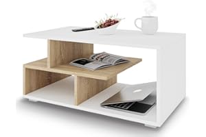 Meble Pitus Nowoczesny stolik kawowy do salonu, stolik kawowy z miejscem do przechowywania 90 x 50 x 49 cm, stolik kawowy, salon, biały/dąb Sonoma