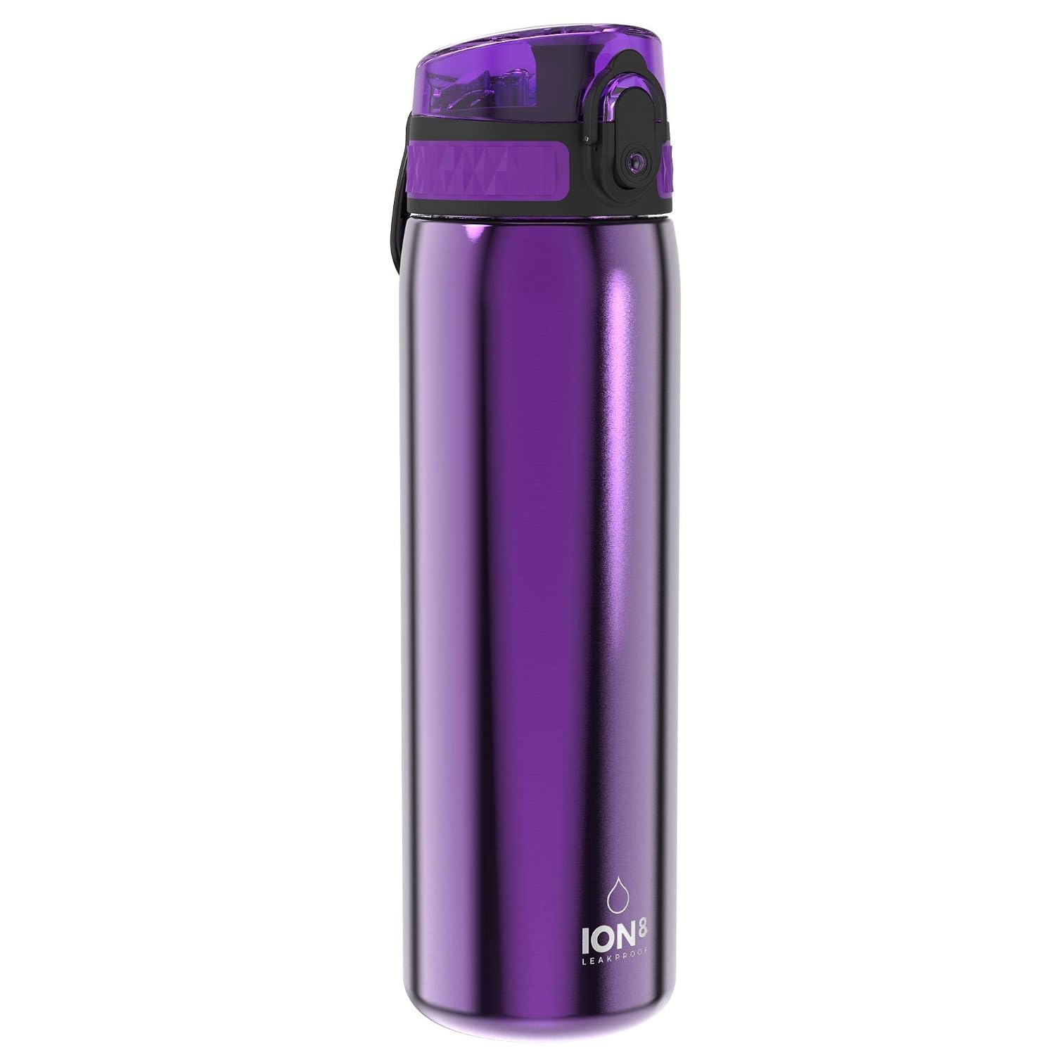 ION8 Lichtgewicht Stalen Kinderwaterfles, 400 ml/13 oz, Zonder Isolatie, Lekvrij, Makkelijk te Openen, Veilige Vergrendeling, Vaatwasserbestendig, Flipdop, Draaggreep, Duurzaam, Paars