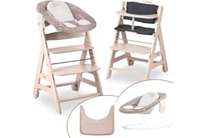 hauck Seggiolone Beta+ Newborn Set - Seggiolone Evolutivo in Legno, con Sdraietta Neonati 2in1 (Dondolo Neonati), Cuscino Seduta, Vassoio - Whitewashed